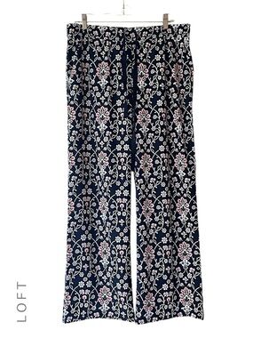 LOFT NWOT WIDE LEG NAVY BLUE FLORAL VINE PANTS FLUID DRAWSTRING POCKETS | MEDIUM